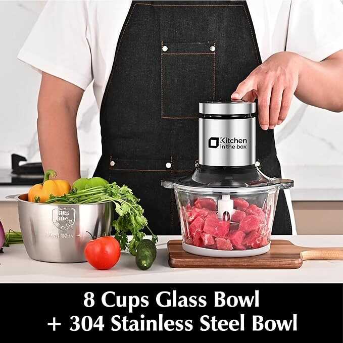 Kitchen in the box Food Processors,Small Meat Grinder & Food Chopper Electric Vegetable Chopper with 2 Bowls (8 Cup+8 Cup)& 2 Bi-Level Blades for Meat/fish/Vegetable/Baby Food，400 W (Black)