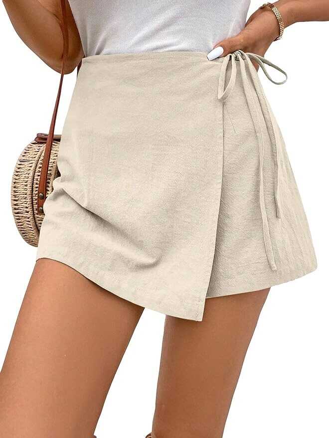 Floerns Women's Solid Wrap Front Skirt Shorts Drawstring Knot Side Skort Shorts