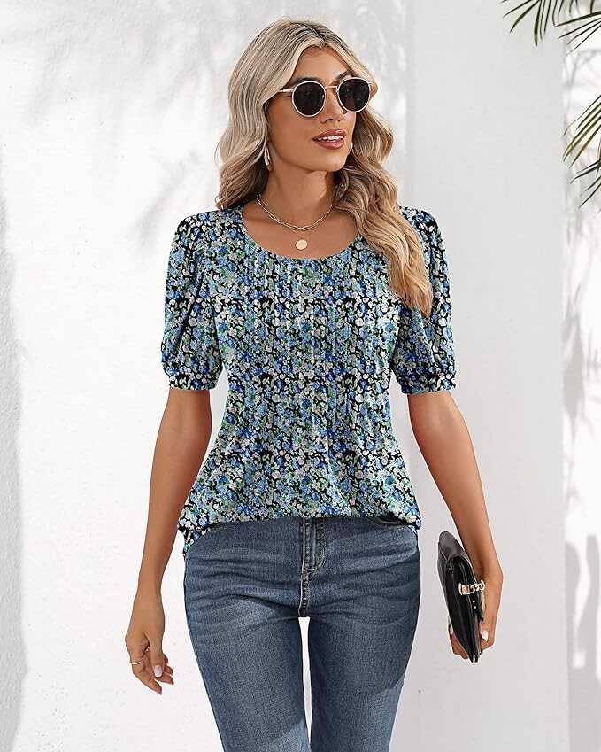 Ficerd Women's Puff Short Sleeve Tunic Tops Pleated Crew Neck Blouses Dressy Casual Loose Spring and Summer T-Shirts
