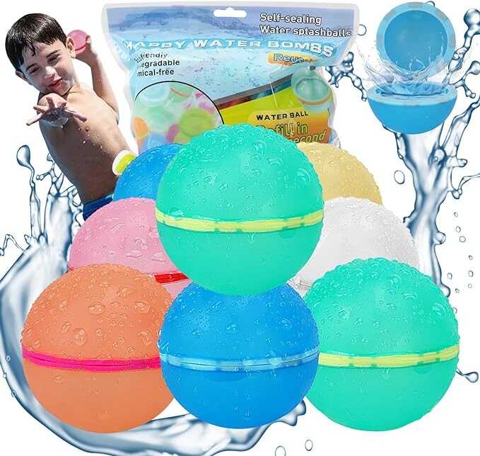 【8 Pcs】Reusable Water Balloons, Pool Toys Water Ball Summer Toy for Boys Girls, Easy Quick Fill and Self-Sealing Water Balloon, Magnetic Soft Silicone Water Splash Ball for Summer Party