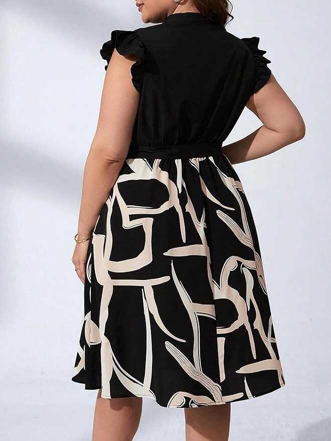 Verdusa Women's Plus Size Ruffle Cap Sleeve Notched Neck Belted A Line Flared Dress