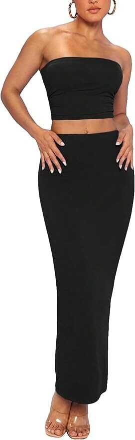 Verdusa Women's 2 Piece Outfits Sleeveless Crop Tube Top and Maxi Pencil Long Skirt Set