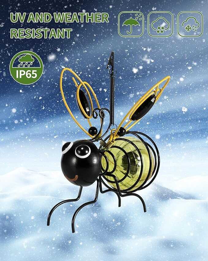 iStatue Solar-Powered Hanging Bee Light - Metal LED Outside Bugs with Bouncy Springs - Solar Fairy Lights for Outside Garden Decor Backyard Balcony Porch Spring Decoration (Yellow)