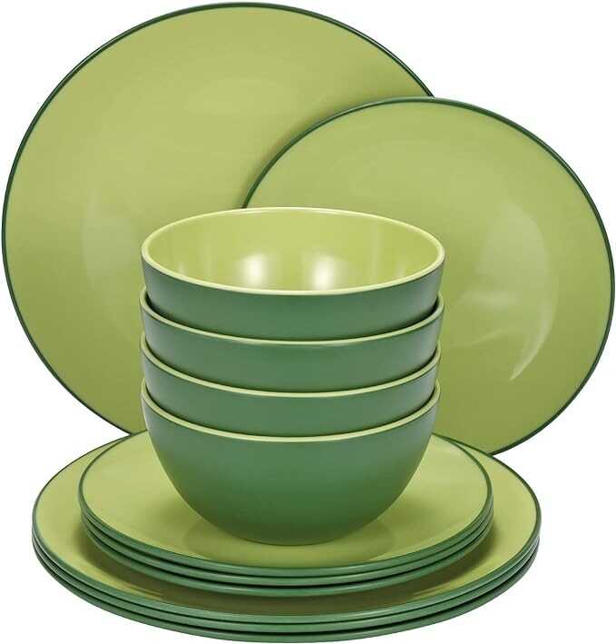 TP 12-Piece Dinnerware Set, Melamine Dishes Set with Bowls and Plates, Non-breakable Lightweight Dinner Service for 4, Avocado Green