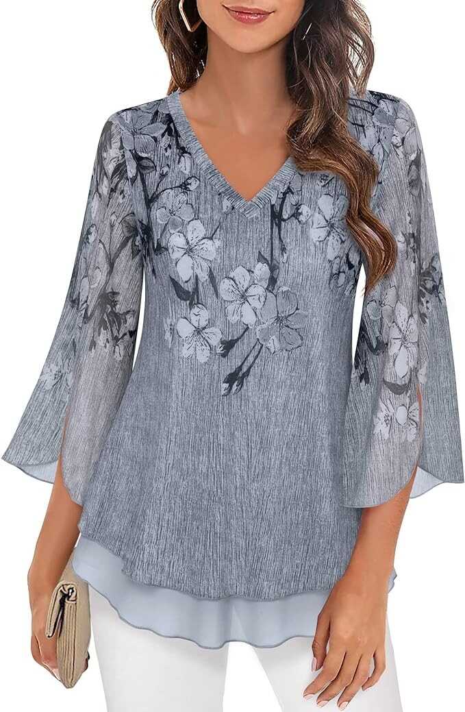 Timeson Women's 3/4 Sleeve Floral Blouses Shirts Double Layers V Neck Dressy Tunics Tops