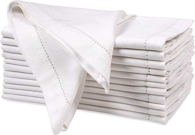 Cloth Dinner Napkins in Cotton Flax Fabric with Hemstitched & Tailored Mitered Corners - 18x18 Inches (Set of 12, White) Cotton Cloth Dinner Napkin, Wedding Napkins, Cocktails Napkins