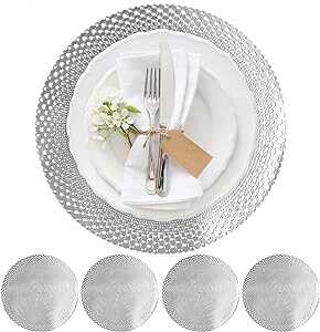 Metallic Placemats Set of 4 - Easy to Clean, Washable Decorative Place Mats for Kitchen and Dining Table - Non-Slip Round Table Mats - Dinnerware & Accessories - Dining Table Centerpiece Decor, Silver
