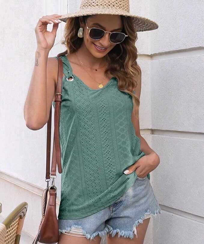 Women Summer Tops Casual Spaghetti Strap Tank Tops 2024 Loose Fit Trendy Lace Sleeveless T Shirts
