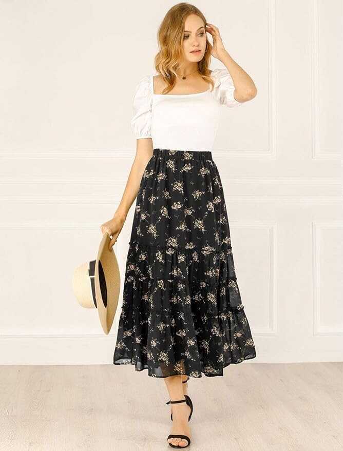 Allegra K Women's Floral Skirts Chiffon A-line Long Tiered Ruffle Boho Midi Skirt XS-3XL