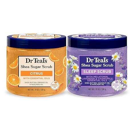 Dr Teal's Shea Sugar Body Scrub, Daytime/Nighttime with Vitamin C and Sleep Blend, 19 oz (Pack of 2) (Packaging May Vary)