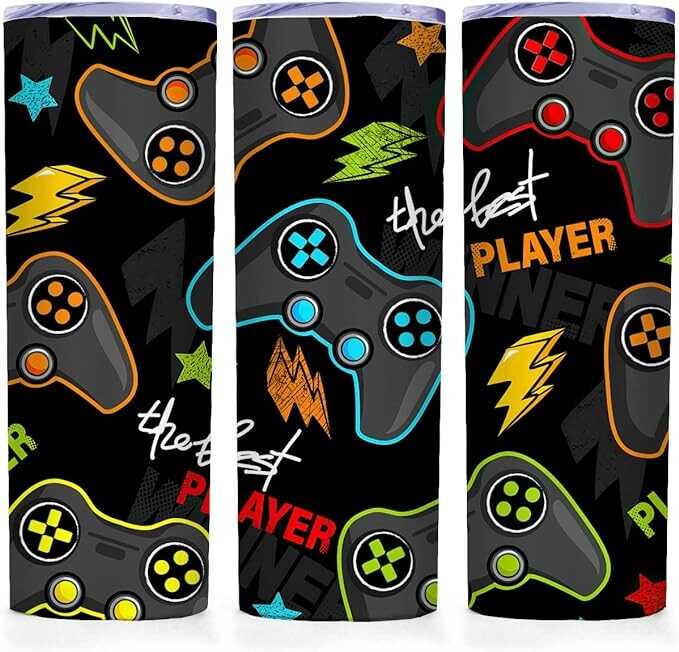 ATHAND Gifts for Gamer Men Women, Gamepad Game Insulated Skinny Tumblers with Lid,The Best Player 20 Oz Travel Vacuum Coffee Mug,Funny Quotes Video Game Cups Men Friends