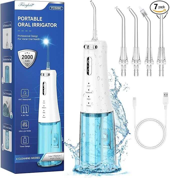 Cordless Water Flosser for Teeth, FAIRYLOVE Powerful 300ML Oral Irrigator with 4 Pressure Modes and 4 Replaceable Jet Tips, Rechargeable Water Dental Flosser Picks for Teeth Cleaning and Flossing