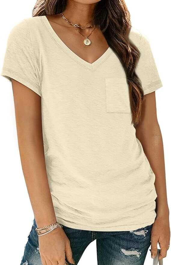AUTOMET Womens T Shirts Short Sleeve V Neck Tops with Pockets Summer Fashion Trendy Soft Casual Comfy Outfits Clothes 2024