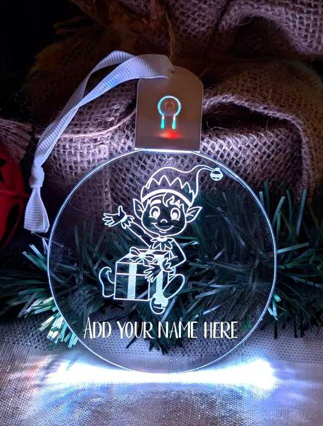 Christmas Elf Personalised Name Bauble LED Light Hanging Tree Decoration