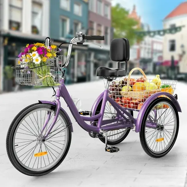 Dextrus Adult Tricycle, 24 Inch 3 Wheel Bikes, 1 Speed Trike Bike for Adults with Removable Baskets, Cruiser Bike for Seniors Women Men Shopping Picnic Outdoor Sports, Purple