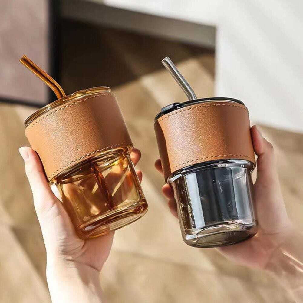Lid And Straw Transparent Bamboo Cup Milk Coffee Mug Tea Cup Stripe Glass Cup G7