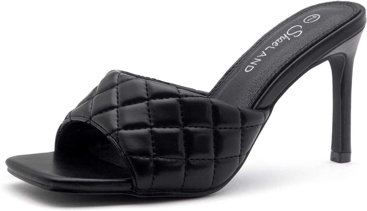 Shoe Land Womens Melrose High Heel Sandals Square Open Toe Quilted Single Band Slip on Heeled Mules