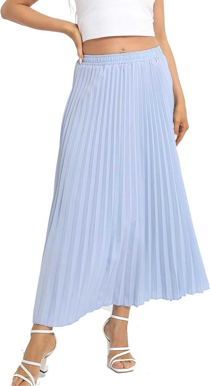 TEERFU Womens Elastic High Waist Flowy Pleated Skirt Chiffon Swing A-line Beach Maxi Skirt