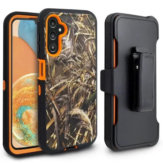 For Samsung Galaxy A14 5G Heavy Duty Rugged Dropproof Full Body Protection Phone Case with Belt Clip Holster & Built in Screen Protector - Camo Orange