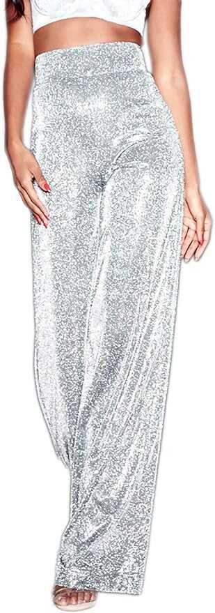 Velius Women's Sexy Metallic Sparkly Wide Leg Pants Trousers Clubwear
