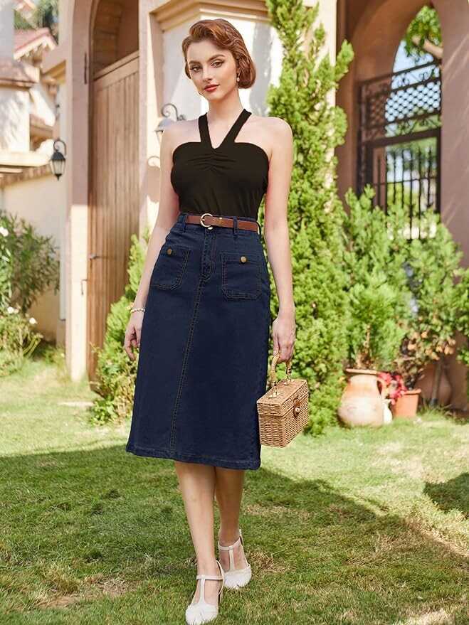 Belle Poque Denim Skirt with Belt Below Knee Length High Waisted Jean Skirts for Women