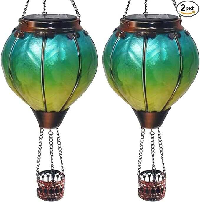 OUISJYER 2PC Hot Air Balloon Solar Lantern, Flickering Flame Hanging Solar Lanterns Outdoor Lights Waterproof Lanterns Decorative Garden Patio Yard Party Decor with 2PC Shepherd Hook Green