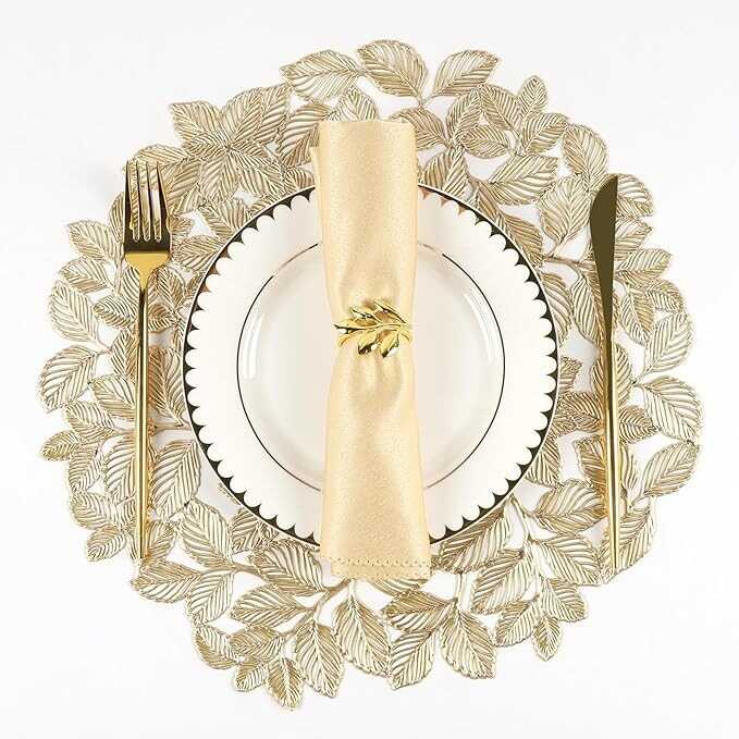 Evevda Gold Leaf Placemats Set of 6 Metallic Table Place Mats Wipeable Round Pressed Vinyl Dining Mats for Kitchen Decorations Gatherings Wedding Dinner