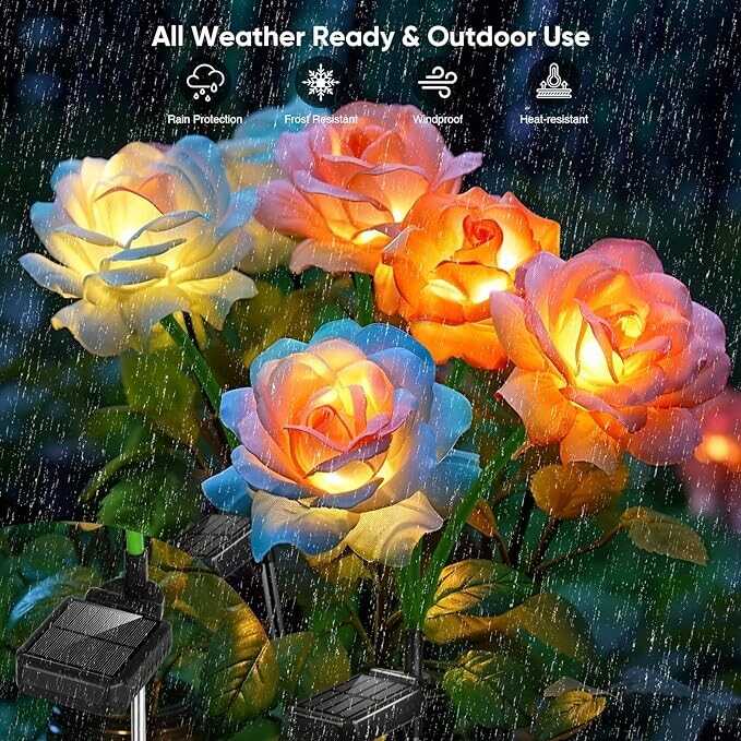 Solar Garden Lights Outdoor Waterproof: 4 Pack Solar Flowers Decorative Lights with 20 Rose Flowers, Color Changing Flower Lights Solar Powered, Solar Yard Lights for Outside Patio Lawn Party Decor