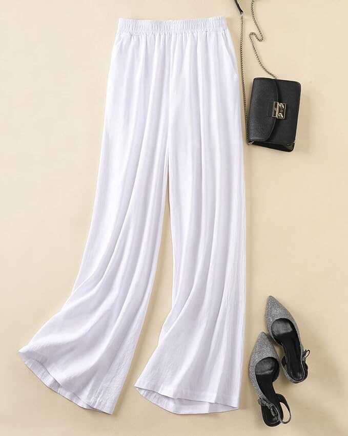 Hisanny Womens Plus Size Linen Pants Wide Leg Palazzo Trousers High Elastic Waist Flowy Pants Culottes with Pockets