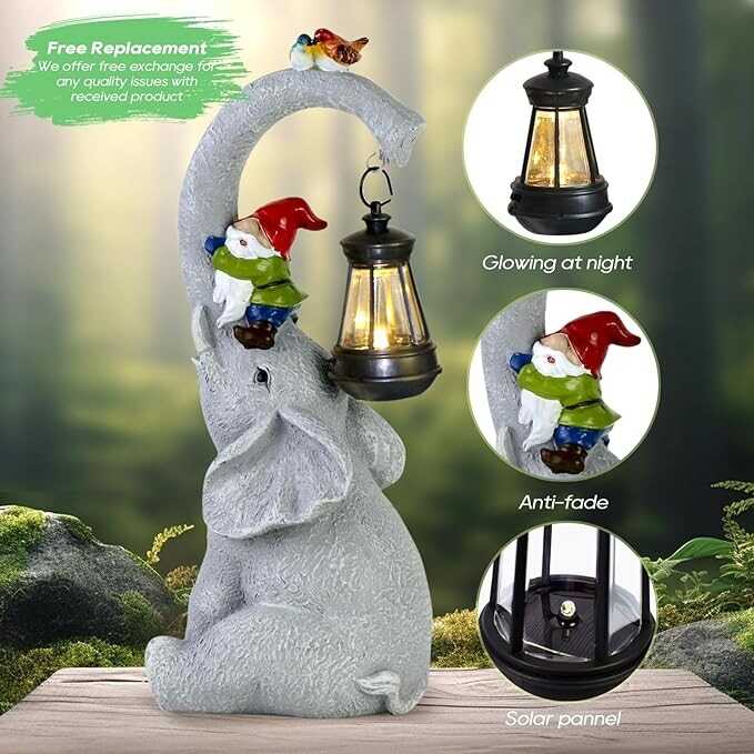 Snowrabbit Elephant Statue Garden Decor - Lucky Elephant Outdoor Statue with Solar Powered Lantern, Elephant Gifts for Women,Resin Yard Art for Outdoor & Home Decor(11" Elephant)