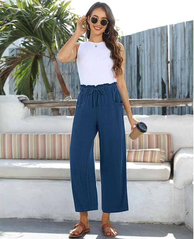 siliteelon Wide Leg Linen Pants for Women Summer Capri Palazzo Flowy Pants Casual Loose High Waist Trousers with Pockets