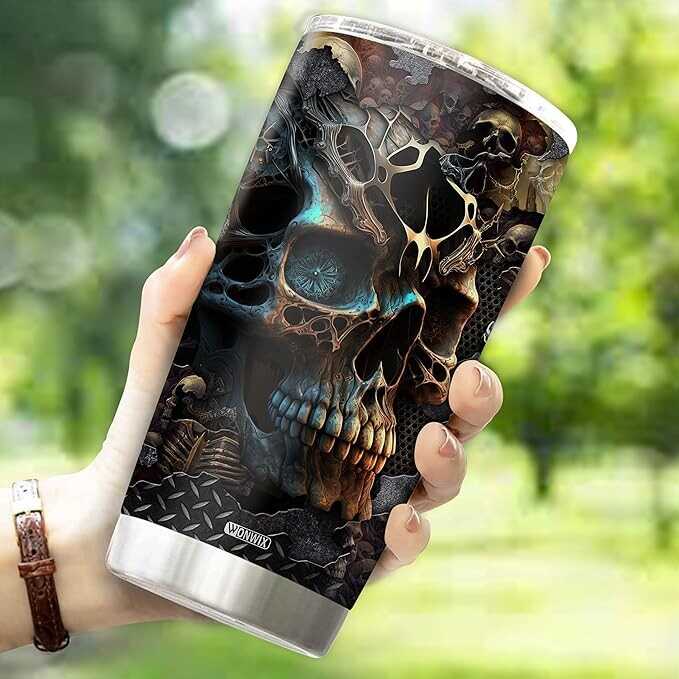 WONWIX Skull Tumbler, Birthday Gifts For Men Who Love Skulls Coffee Mug Cup Christmas Valentine Gift Water Bottle Black Tumblers 20oz Stainless Steel Travel Cups With Lid