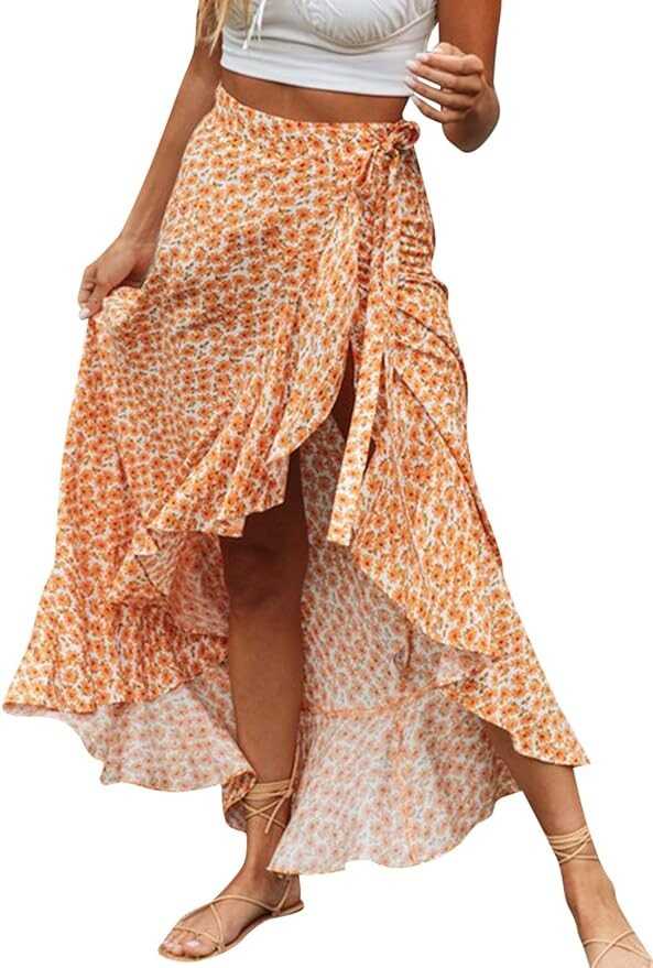 BerryGo Women's Boho Floral Wrap Maxi Skirt High Waisted Long Skirt with Slit