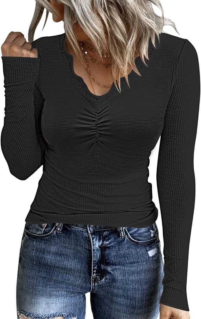 uoDim Women's 2024 Short Sleeve Ribbed Knit Tops Ruched V Neck Henley Shirts Button Up Lace Trim Blouses Tee