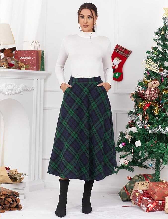 IDEALSANXUN Womens Plaid Wool Skirts Elastic Waist A-Line Pleated Tartan Long Skirts