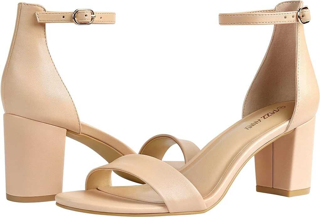 PIZZ ANNU Women's Open Toe Ankle Strap Low Block Chunky Heels Sandals Party Dress Pumps Shoes Strappy Buckle Sandals with 2.6" Tall Thick Heel Design