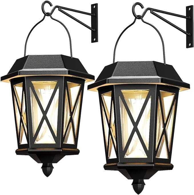 TEKLAPS Solar Lantern Outdoor Hanging Solar Lights, Waterproof Metal Solar Lights Outdoor with Clear Glass, LED Solar Powered Lights Wall Mount for Yard Garden Wall Outdoor, Black - 2 Pack