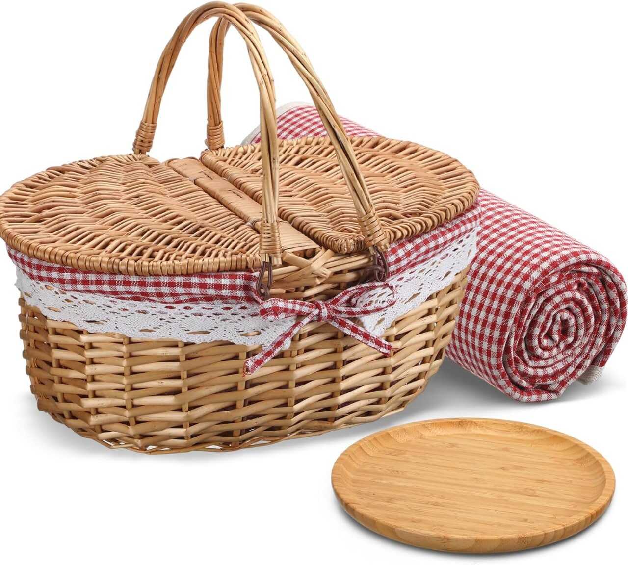Picnic Basket with Blankets and Bamboo Plates Picnic Supplies Set Basket with Lid and Handle Wicker Picnic Basket Sturdy Woven Body with Washable Lining for Camping(Red)