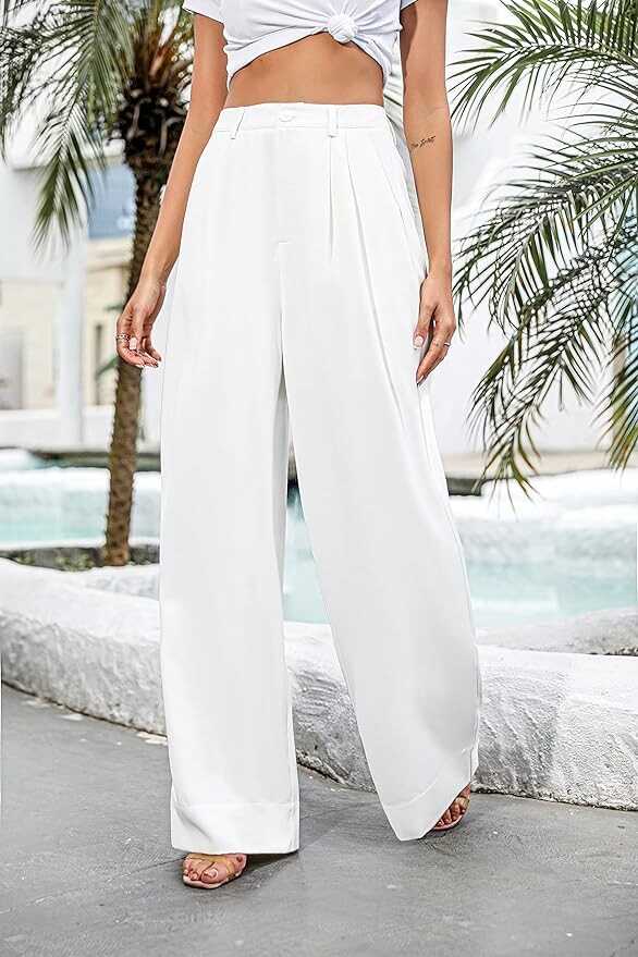 Kocowoo Women Casual Wide Leg Pants Button Down Straight Long Trousers Pants Elastic High Waist Dress Pants for Women