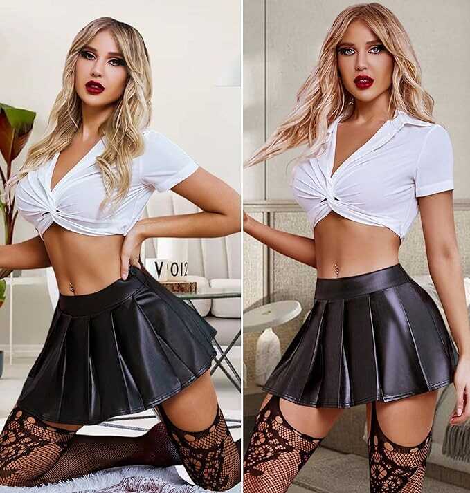 Avidlove Short Mini Skirts for Women Trendy High Waisted Leather Pleated Solid Ruffle Skirt