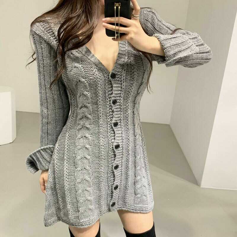 Womens V Neck Long Sleeves Knitted Sweater Dress Korean Fashion Mini Skirt Tops