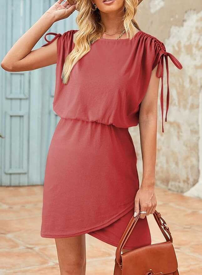 Dokotoo Womens 2024 Summer Dress Drawstring Cap Sleeve Crew Neck Wrap Bodycon Dresses Mini Short Dress