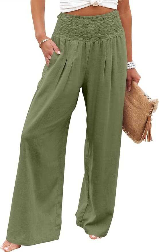 ANRABESS Women Linen Palazzo Pants Summer Boho Wide Leg Casual Lounge Pants 2024 Trendy Beach Travel Vacation Outfits