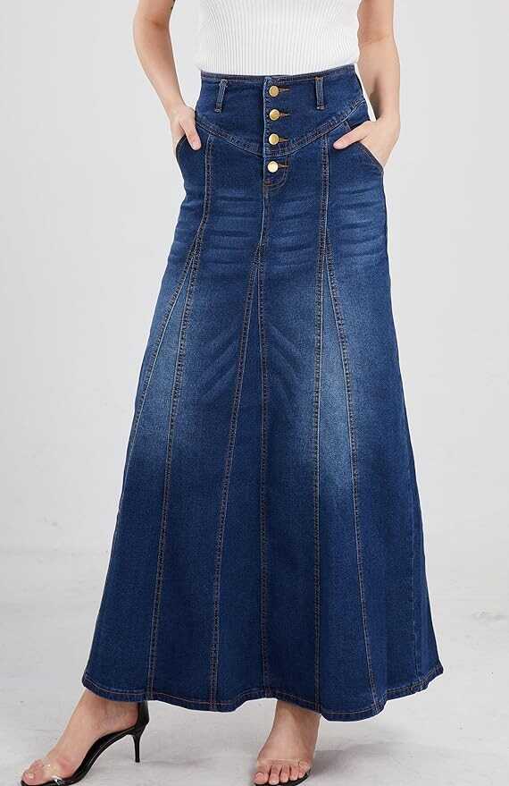 CHARTOU Women's Retro Exposure Button-Fly Packaged Hip A-Line Maxi Long Denim Skirt