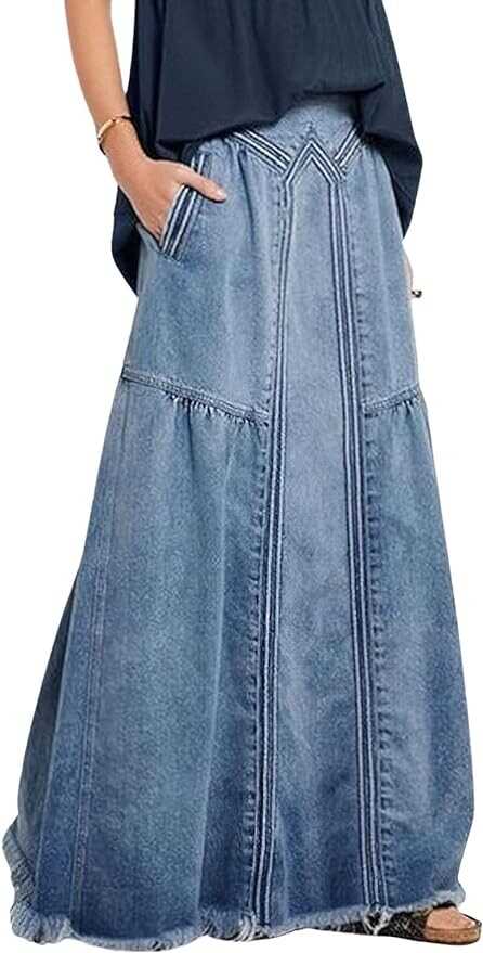 CHARTOU Women's Retro Elastic High Waist Frayed A-Line Maxi Denim Skirt with Pockets