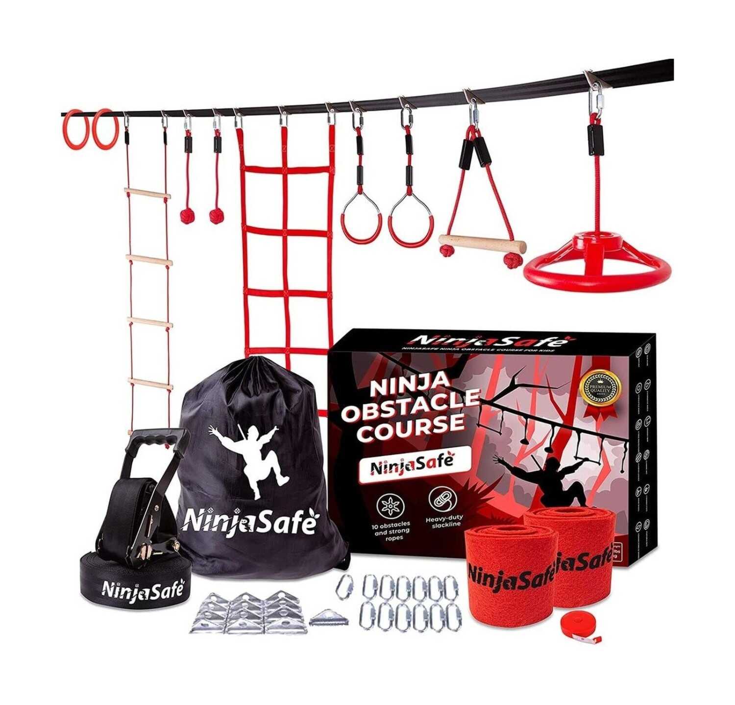 Ninja Obstacle Course for Kids Backyard - 10 Durable Obstacles and 50' Slackl...