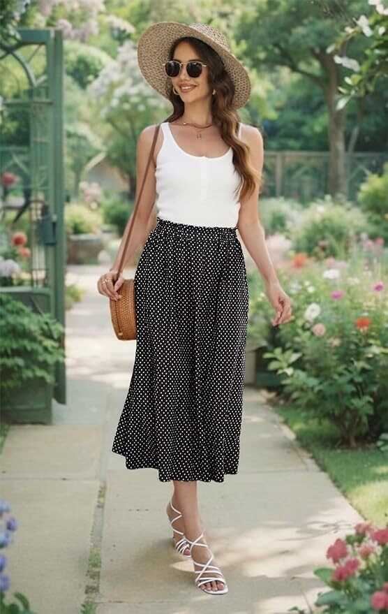 Beimuc Women's Midi Skirts 2024 Casual High Waist Polka Dot Pleated Skirt Boho A-Line Flowy Skirt with Pockets