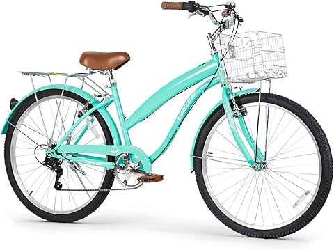 WEIZE Beach Cruiser Bike, 26 inch Commuter Bicycle for Adult Men and Women, 7-Speed/High-Carbon Steel/Front & Rear Fenders, Comfortable City Bikes with Rear Rack&Basket, Ergonomic Upright Design,Teal