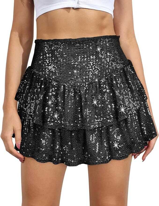 MIYIEONZ Women Sequin Skirt Sparkly Cute High Waist Ruffle Flowy Shiny Glitter Mini Short Skirts Night Out Club Party