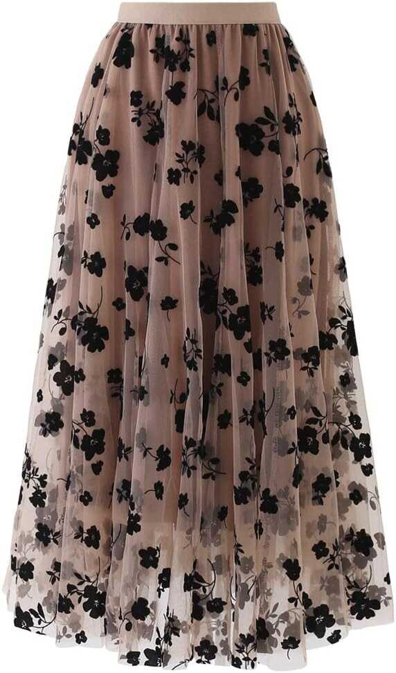 CHICWISH Women's 3D Posy Double-Layered Mesh Midi Skirt